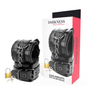 Adjustable black leather handcuffs with padlock – image 1