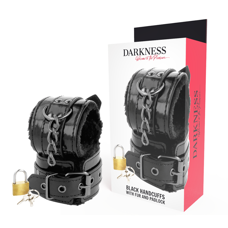 Adjustable black leather handcuffs with padlock – image 1