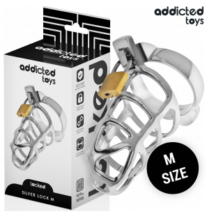 ADDICTED TOYS LOCKED metalowa klatka na penisa, rozmiar M, ze srebrnym zamkiem – zdjęcie 1