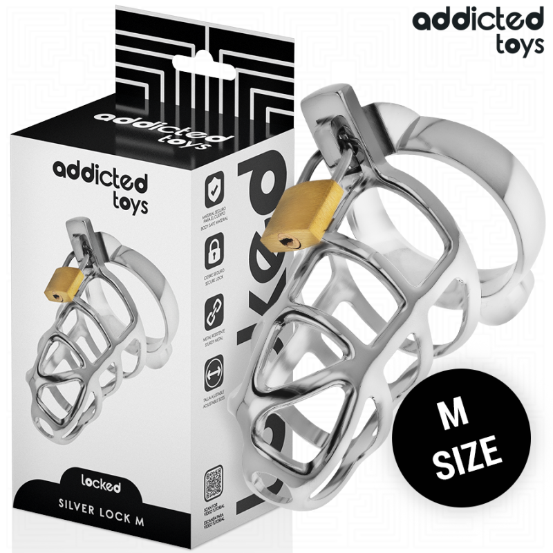 ADDICTED TOYS LOCKED metalowa klatka na penisa, rozmiar M, ze srebrnym zamkiem – zdjęcie 1