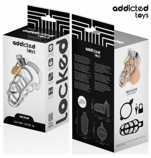 ADDICTED TOYS LOCKED metalowa klatka na penisa, rozmiar M, ze srebrnym zamkiem – zdjęcie 6