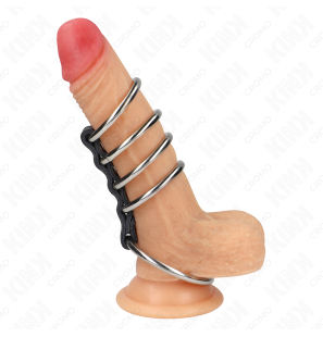 KINK Metall-Penisringe, 5 Ringe von 3,7 bis 5 cm mit Lederverbindung – Bild 2