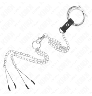 Metalowy pierścień na penisa z łańcuszkiem o długości 26 cm i klipsami na sutki – zdjęcie 5