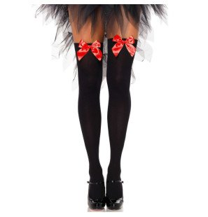 LEG AVENUE czarne pończochy do ud z czerwoną kokardą One Size – zdjęcie 1
