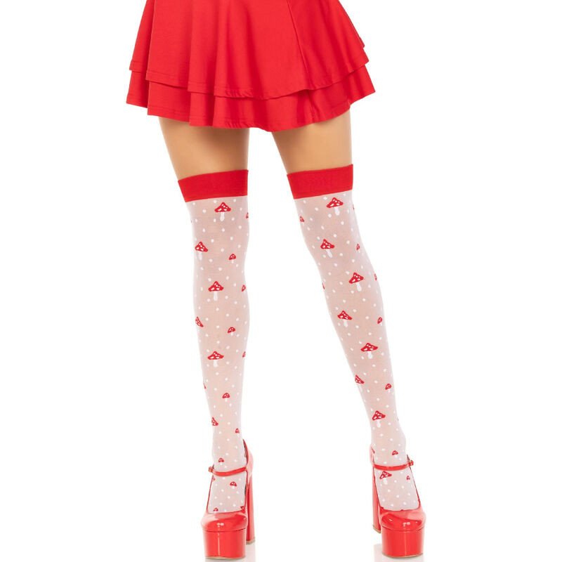 LEG AVENUE red and white thigh-high socks with mushroom pattern – image 1