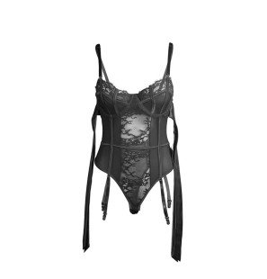 Czarne koronkowe body z kokardkami i paskami do pończoch L/XL – zdjęcie 4