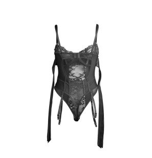 Czarne koronkowe body z kokardkami i paskami do pończoch L/XL – zdjęcie 5