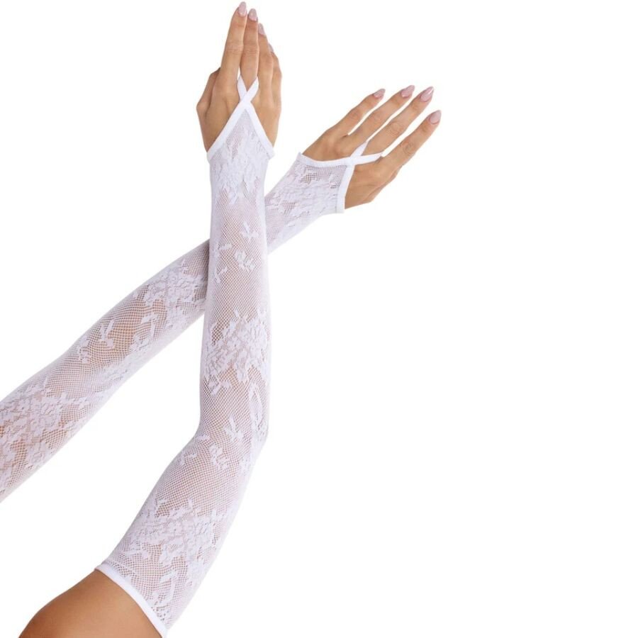 Extra-long white lace arm warmers with floral pattern – image 1