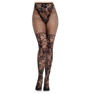 Leg Avenue black lace stockings with fishnet detail – image 1