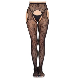 Black fishnet tights with suspender straps and floral pattern by Leg Avenue – image 1