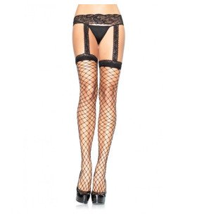 LEG AVENUE schwarze Netzstrümpfe mit Spitzen-Strumpfband – Bild 1