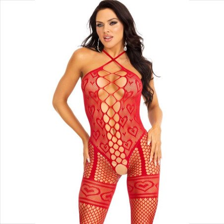 Roter Bodystocking mit Herzen und Neckholder-Ausschnitt