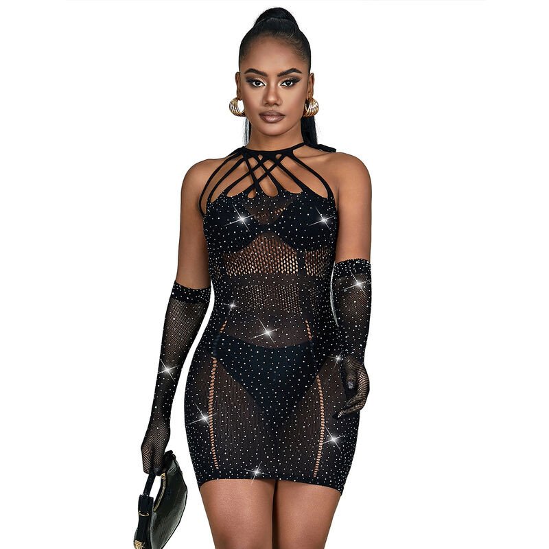 Robe en résille noire ornée de strass pour adultes, taille unique – photo 1 Robe en résille noire ornée de strass pour adultes, taille unique – photo 1