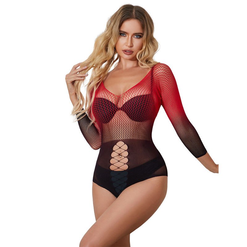 Stretch Fishnet Dress with Long Sleeves in Red and Black SUBBLIME – image 1