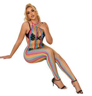 SUBBLIME regenboog mesh bodystocking met halternek XS/M – foto 5
