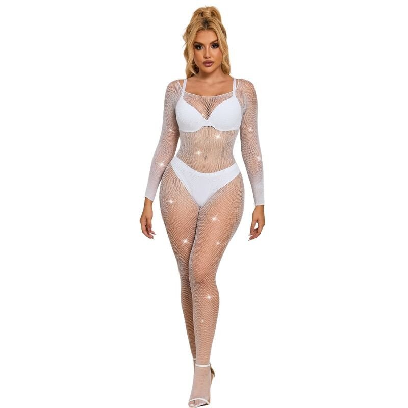 White mesh bodystocking with long sleeves and diamond detail – image 1