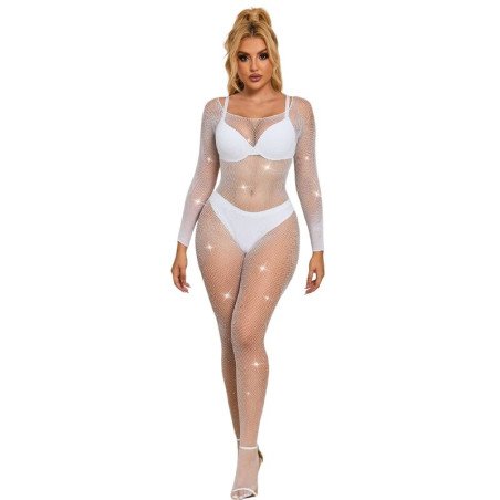 Witte mesh bodystocking met lange mouwen en diamantdetail – foto 1