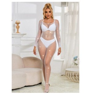 White mesh bodystocking with long sleeves and diamond detail – image 4