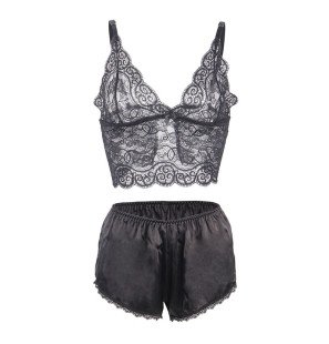 Ensemble de lingerie 3 pièces en dentelle noire et satin S/M – photo 5