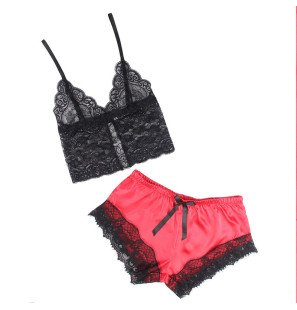 Black and Red Satin and Lace Pyjama Set S/M – image 4