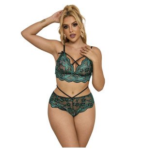 Grünes Spitzen-Dessous-Set mit BH und Slip S/M – Bild 1