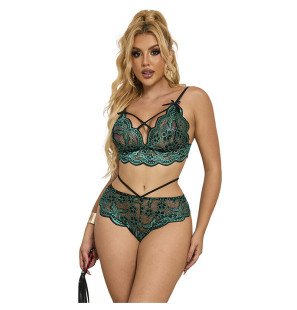 Green lace lingerie set with bra and briefs S/M – image 4