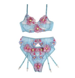 Ensemble de lingerie bleu à imprimé floral, soutien-gorge, culotte et porte-jarretelles S/M – photo 5
