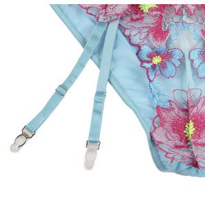 Ensemble de lingerie bleu à imprimé floral, soutien-gorge, culotte et porte-jarretelles S/M – photo 6