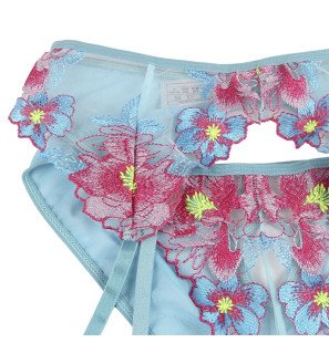 Ensemble de lingerie bleu à imprimé floral, soutien-gorge, culotte et porte-jarretelles S/M – photo 8