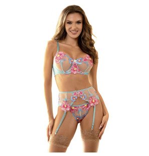 Blue lingerie set with suspender belt and floral design L/XL – image 1