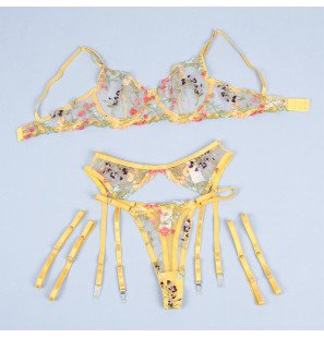 Ensemble de lingerie jaune à motif floral avec porte-jarretelles L/XL – photo 7