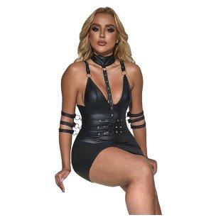 Czarna skórzana sukienka bondage dla dorosłych, rozmiar S/M – zdjęcie 3