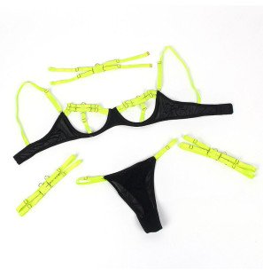 Fluorescent Green Lingerie Set with Chain and Leg Accents S/M – image 7