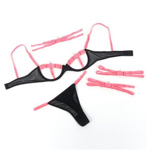 Fluorescent Pink Lingerie Set with Chain and Leg Details S/M – image 7
