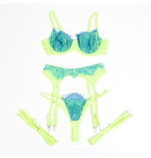 Lace Bra and Garter Set in Green and Blue L/XL – image 6