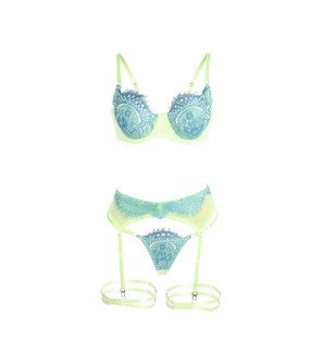 Ensemble soutien-gorge en dentelle et jarretières vert et bleu L/XL – photo 7