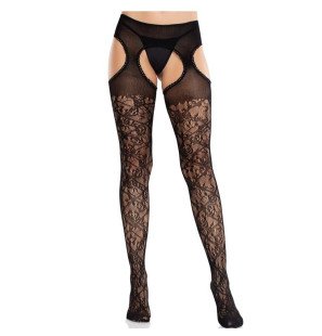 Black lace stockings with floral pattern and garters – image 1
