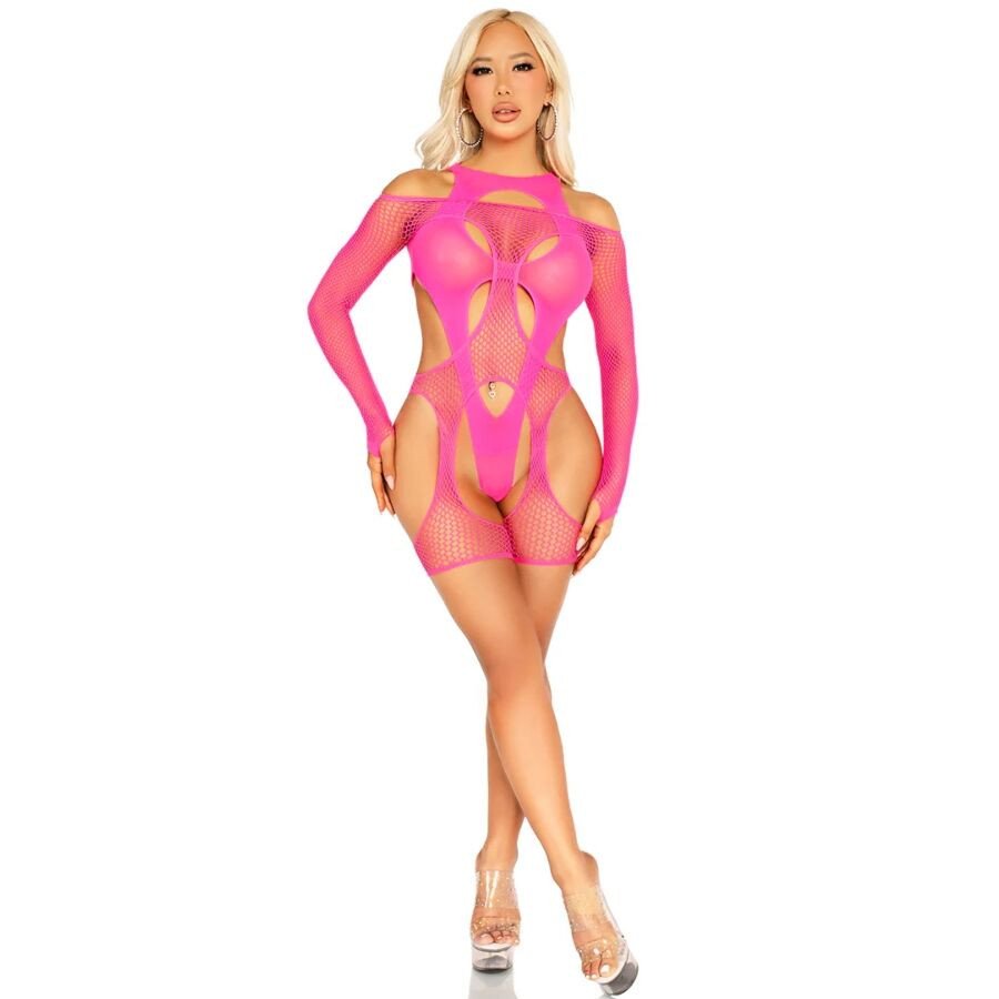 Neon pink fishnet bodystocking with garter belt and harness by Leg Avenue – image 1