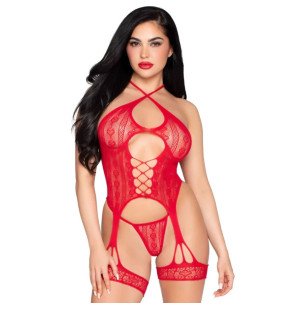 Red Lace Open Bodysuit with Suspender Belt Leg Avenue One Size – image 1