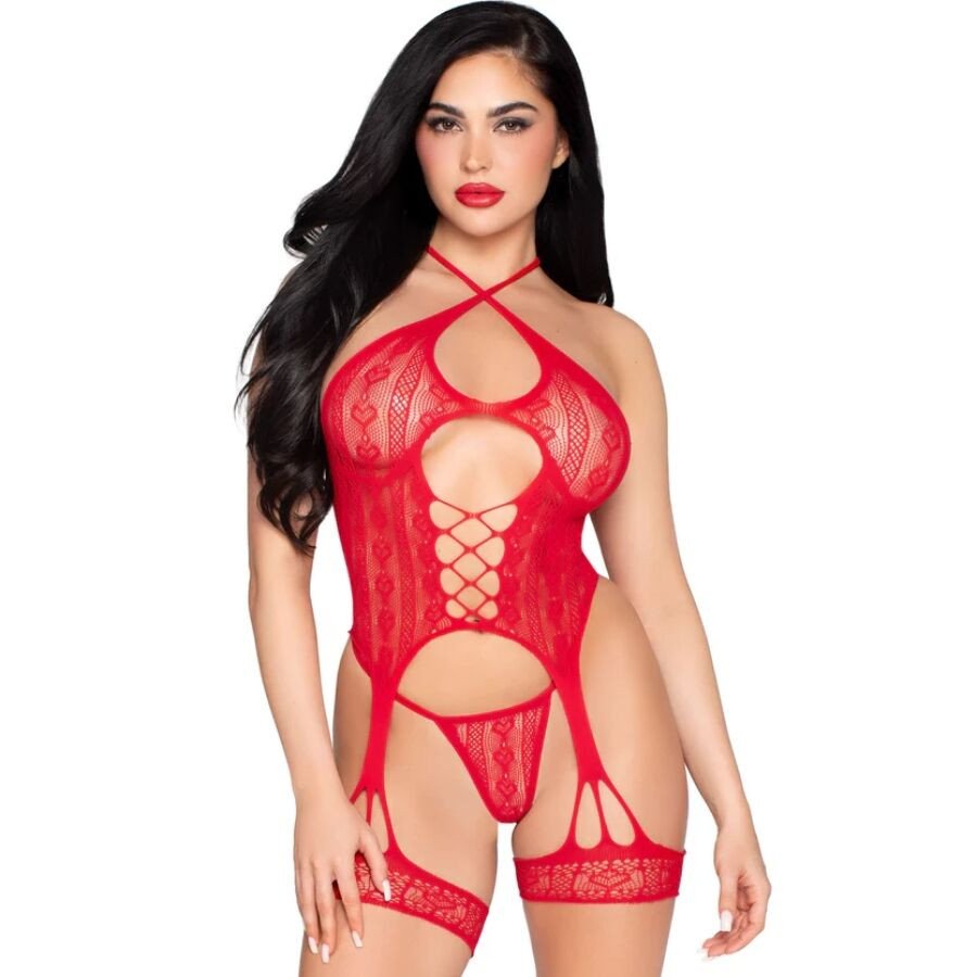 Red Lace Open Bodysuit with Suspender Belt Leg Avenue One Size – image 1