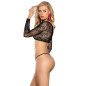 Black fishnet bodysuit with long sleeves and open bust – image 2