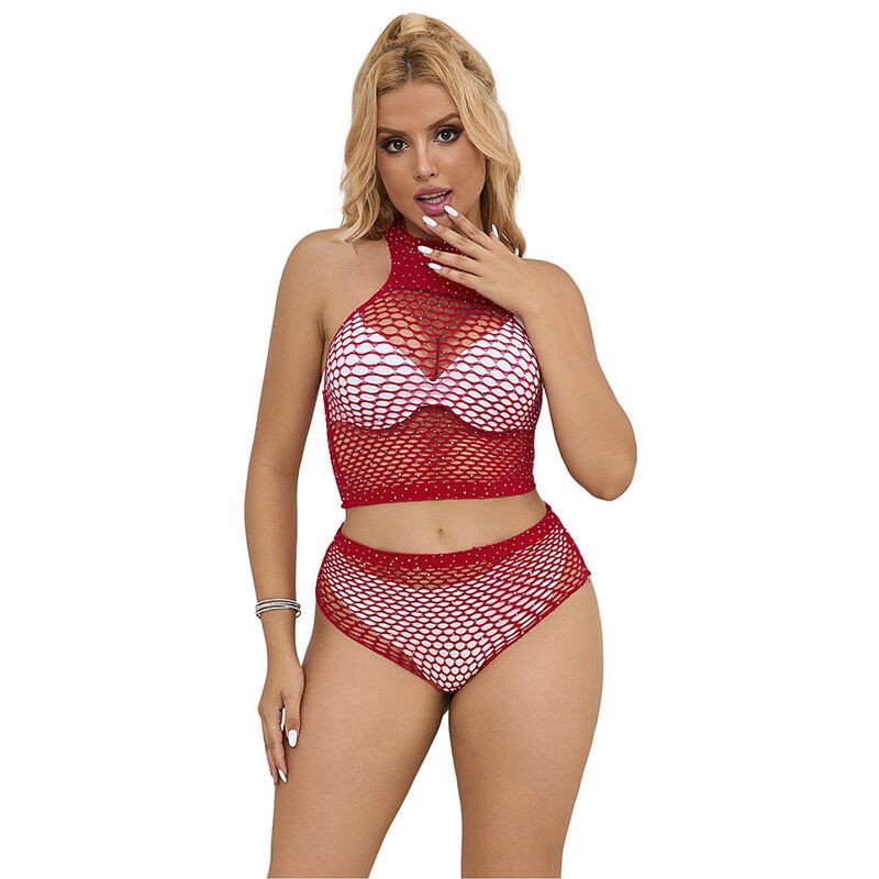 Red fishnet lingerie set with diamond pattern – one size – image 1