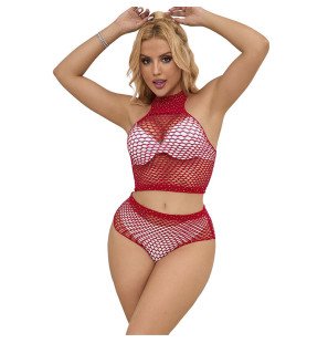 Red fishnet lingerie set with diamond pattern – one size – image 4