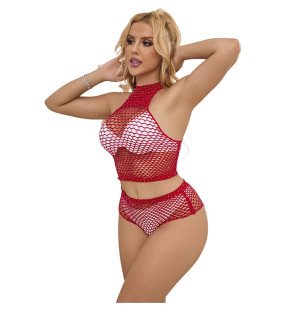 Red fishnet lingerie set with diamond pattern – one size – image 5