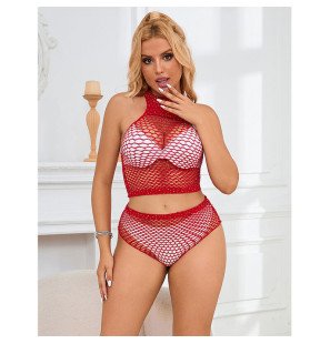 Red fishnet lingerie set with diamond pattern – one size – image 7