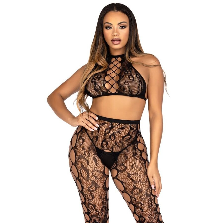 LEG AVENUE Black Crotchless Lingerie Set with Crop Top and Leggings – image 1