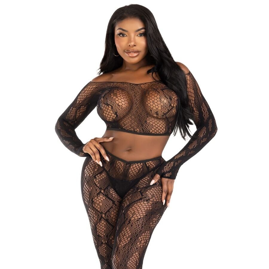 Black Python Lingerie Set with Crop Top and Footless Tights – image 1