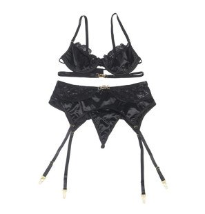 Schwarzes Dessous-Set aus Spitze mit BH, String und Strumpfband – Bild 4