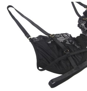 Schwarzes Dessous-Set aus Spitze mit BH, String und Strumpfband – Bild 5