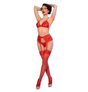 Chilirose rotes Spitzen-Dessous-Set mit BH, String und Strümpfen – Bild 24